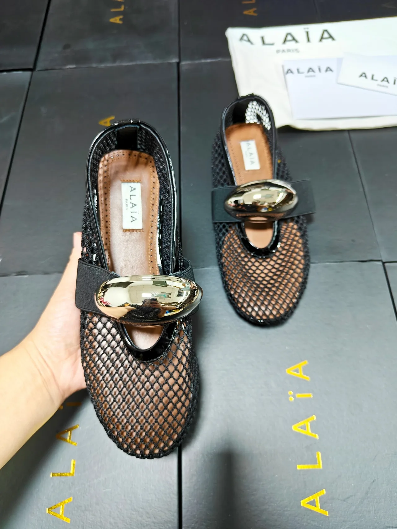Alaia Cowhide Sheepskin Smooth Square-Toe Buckle Mary Jane Flats in Black · view 8