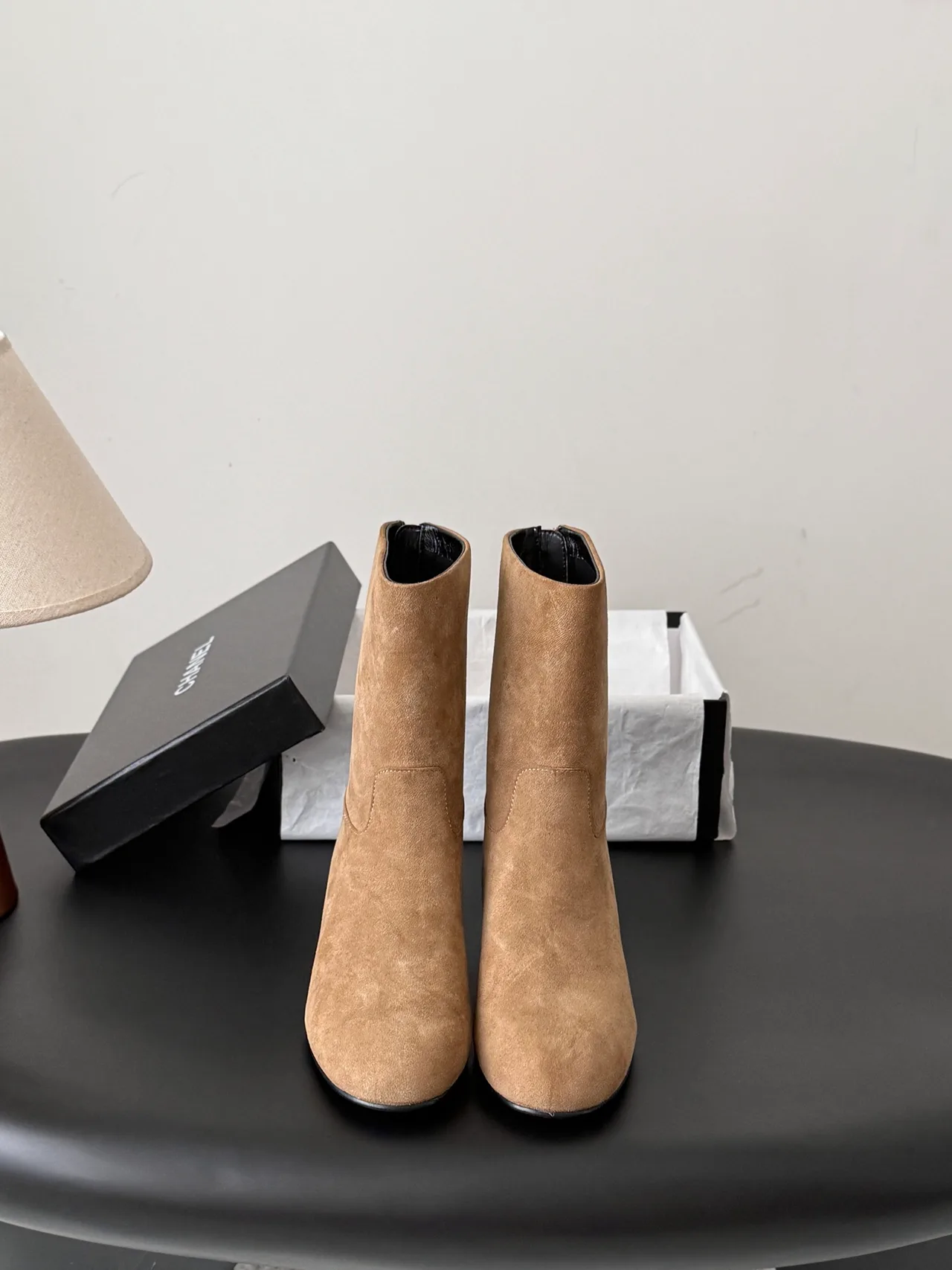 Chanel Sheepskin Suede-Look Round-Toe Ankle Boots in Tan · view 1