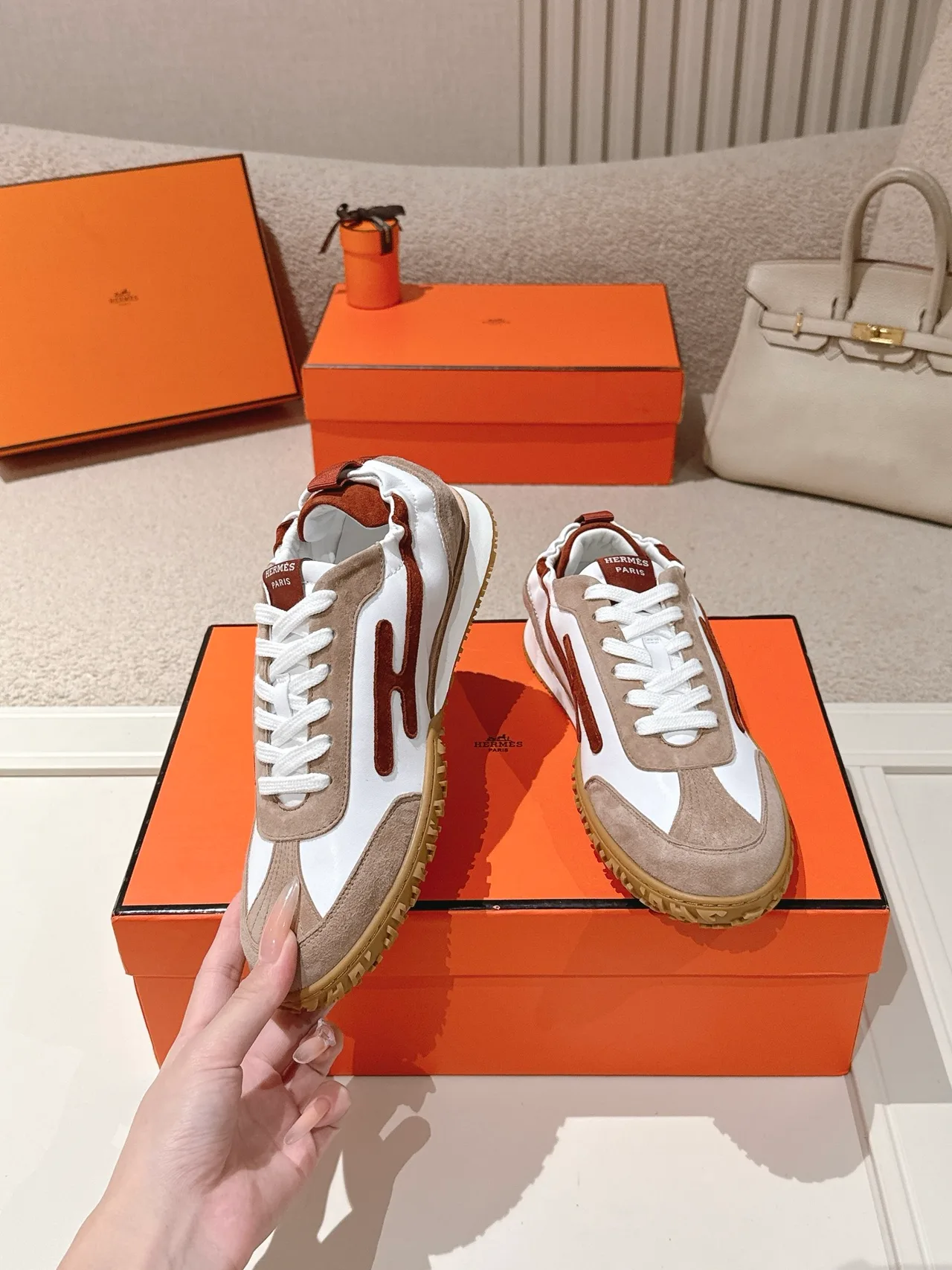 Hermes Sheepskin Suede Round-Toe Sneakers in White · view 4