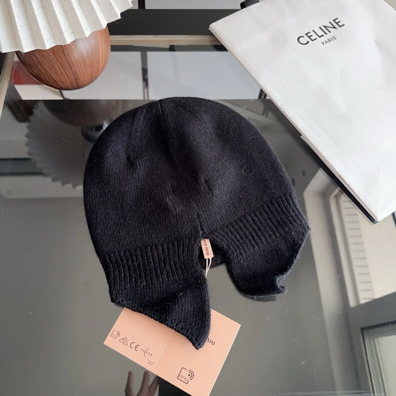 Miu Miu Ribbed Beanie in Black · view 8