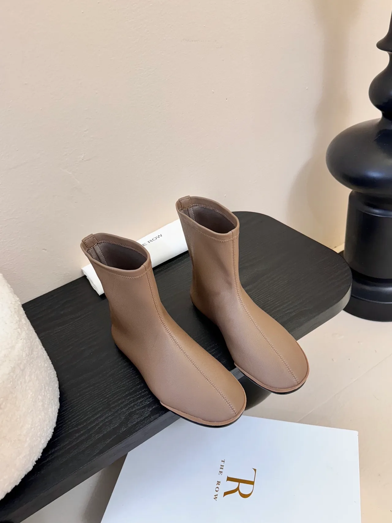 The Row Sheepskin Matte Round-Toe Ankle Boots in Brown · view 1