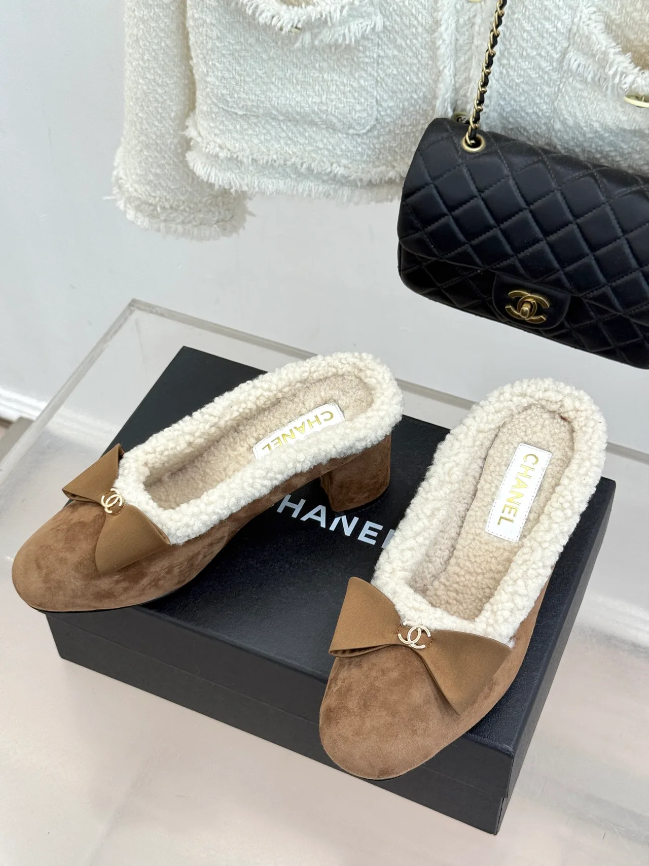 Chanel Suede-Look Bow Mules in Brown · view 2