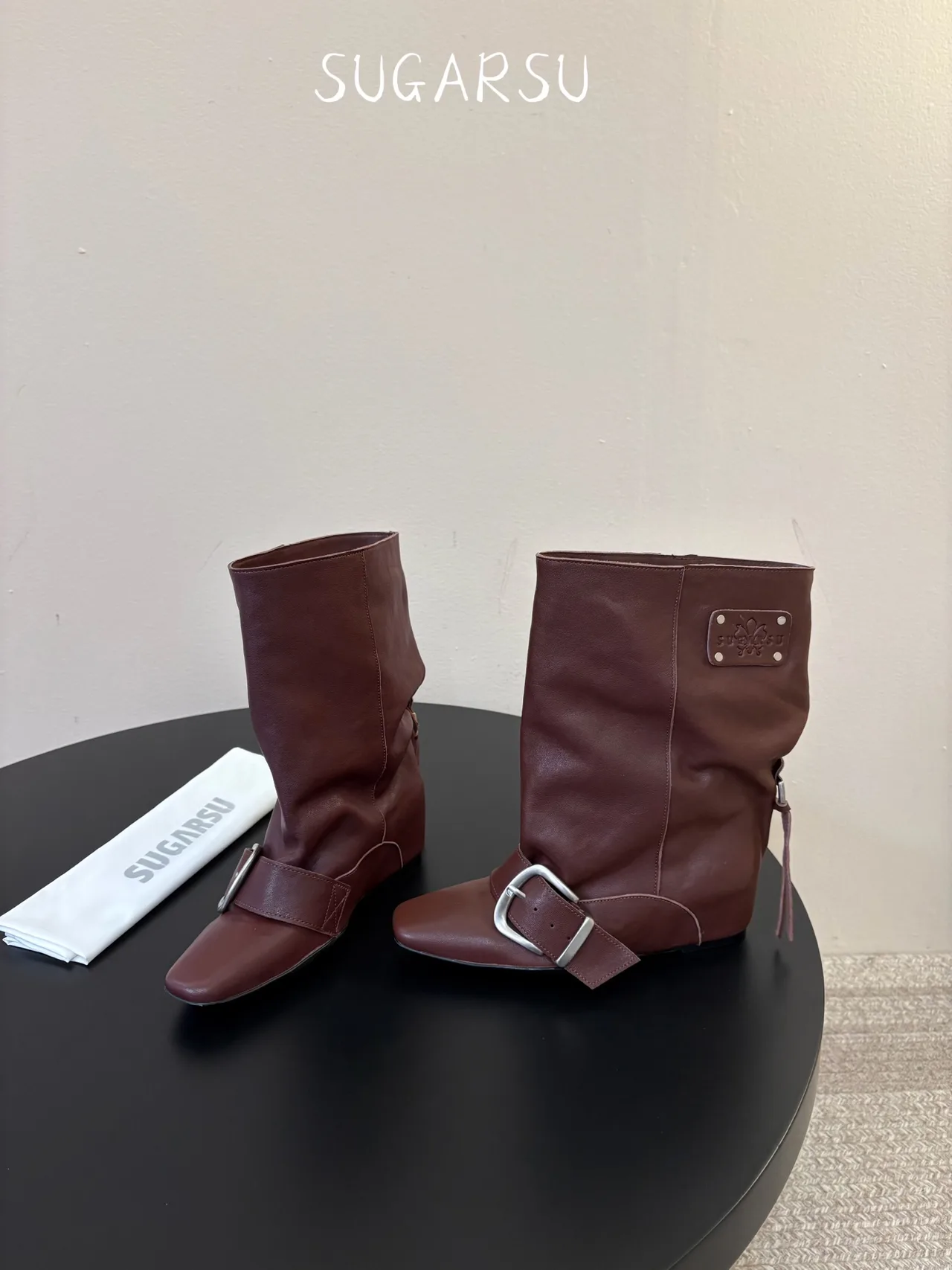 Sugar Su Sheepskin Smooth Square-Toe Buckle Mid-Calf Boots in Brown · view 3