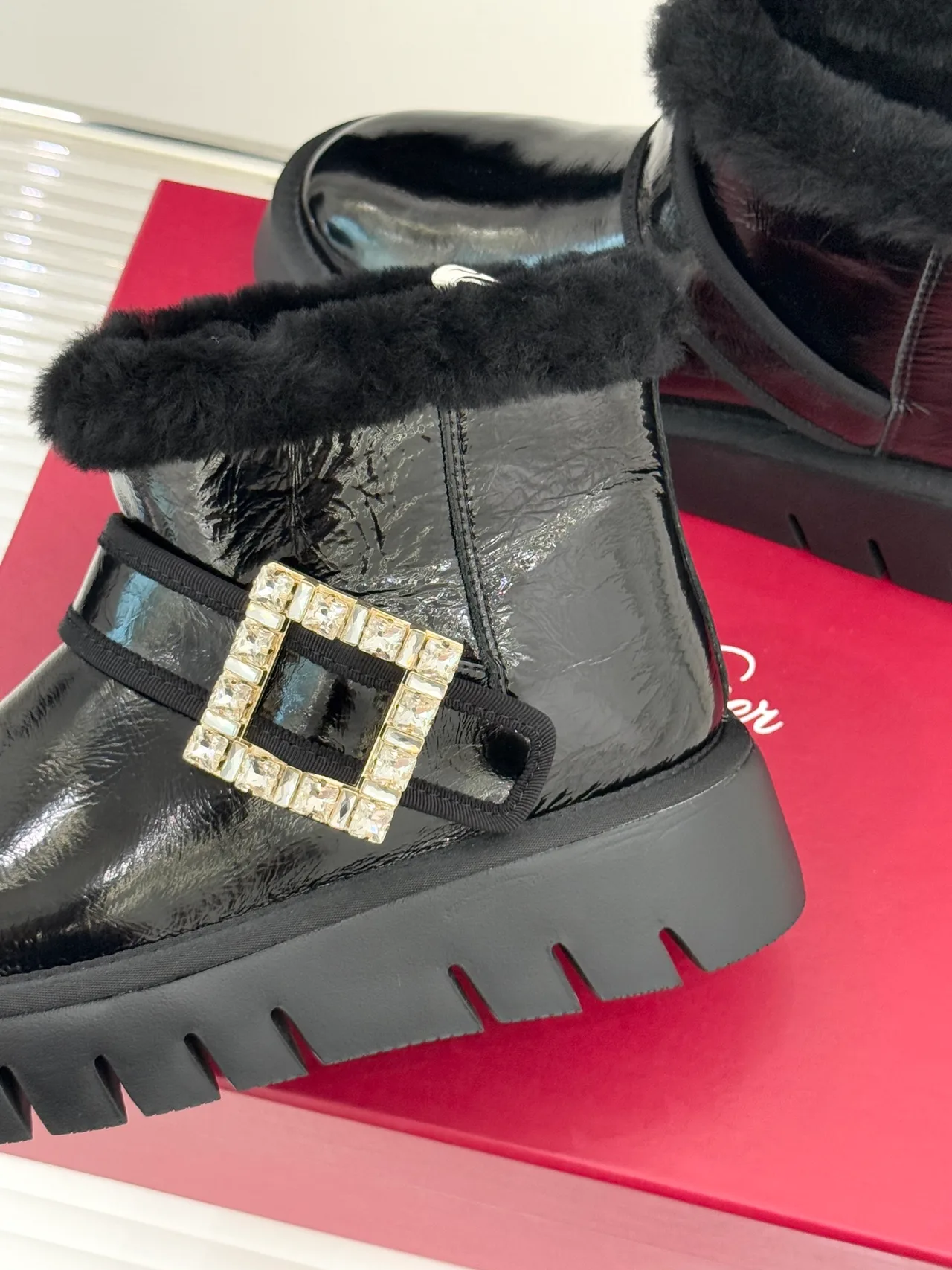 Roger Vivier Wool Glossy Fur-Lined Ankle Boots in Black · view 6