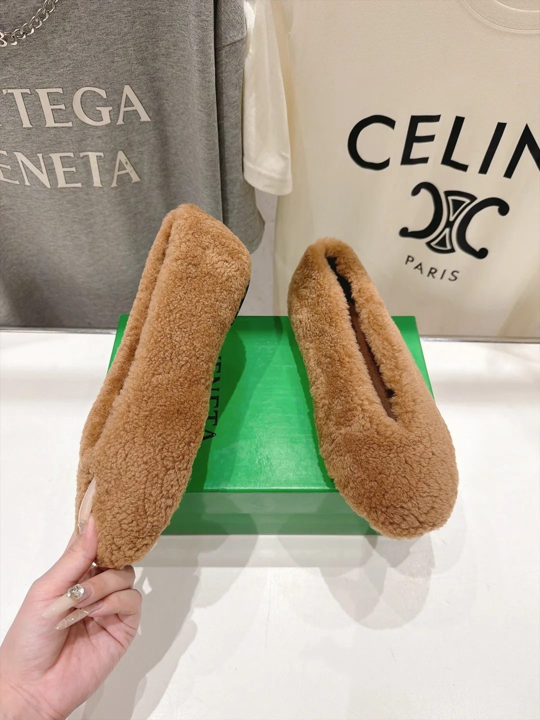 Round-Toe Fuzzy Slip-On Flats in Brown · view 3