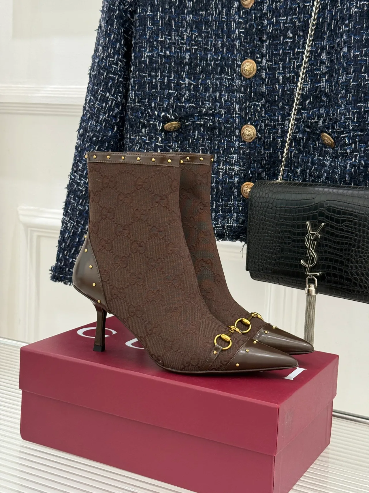 Gucci Sheepskin Canvas Ankle Boots in Brown · view 1
