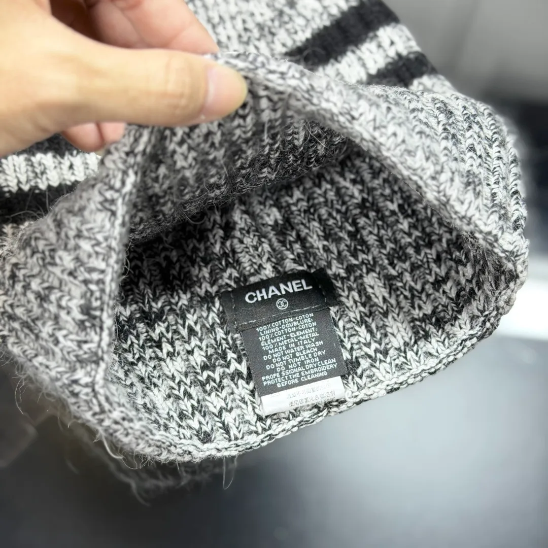 Chanel Wool Striped Beanie and Scarf Set in Grey · view 7