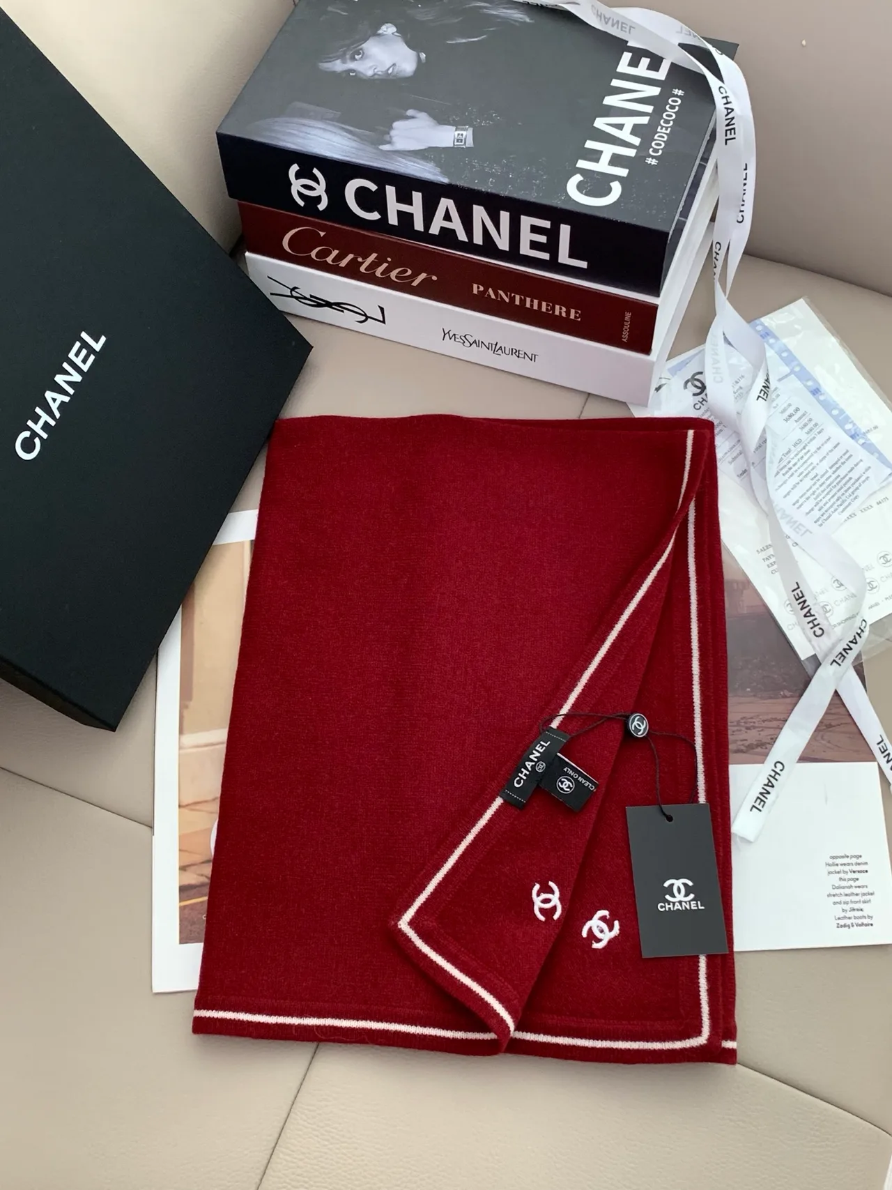 Chanel Square Scarf in Burgundy & Black · view 4