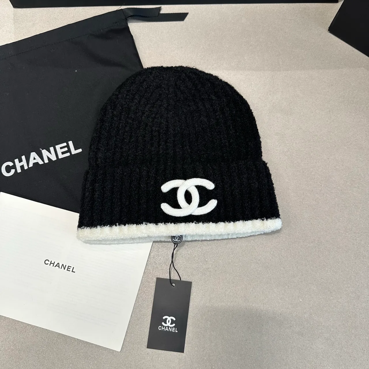 Chanel Contrast-Edge CC Beanie in Black & Cream · view 1