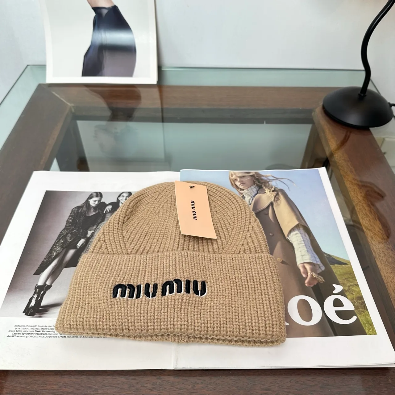 Miu Miu Ribbed Embroidered Beanie in Beige · view 2