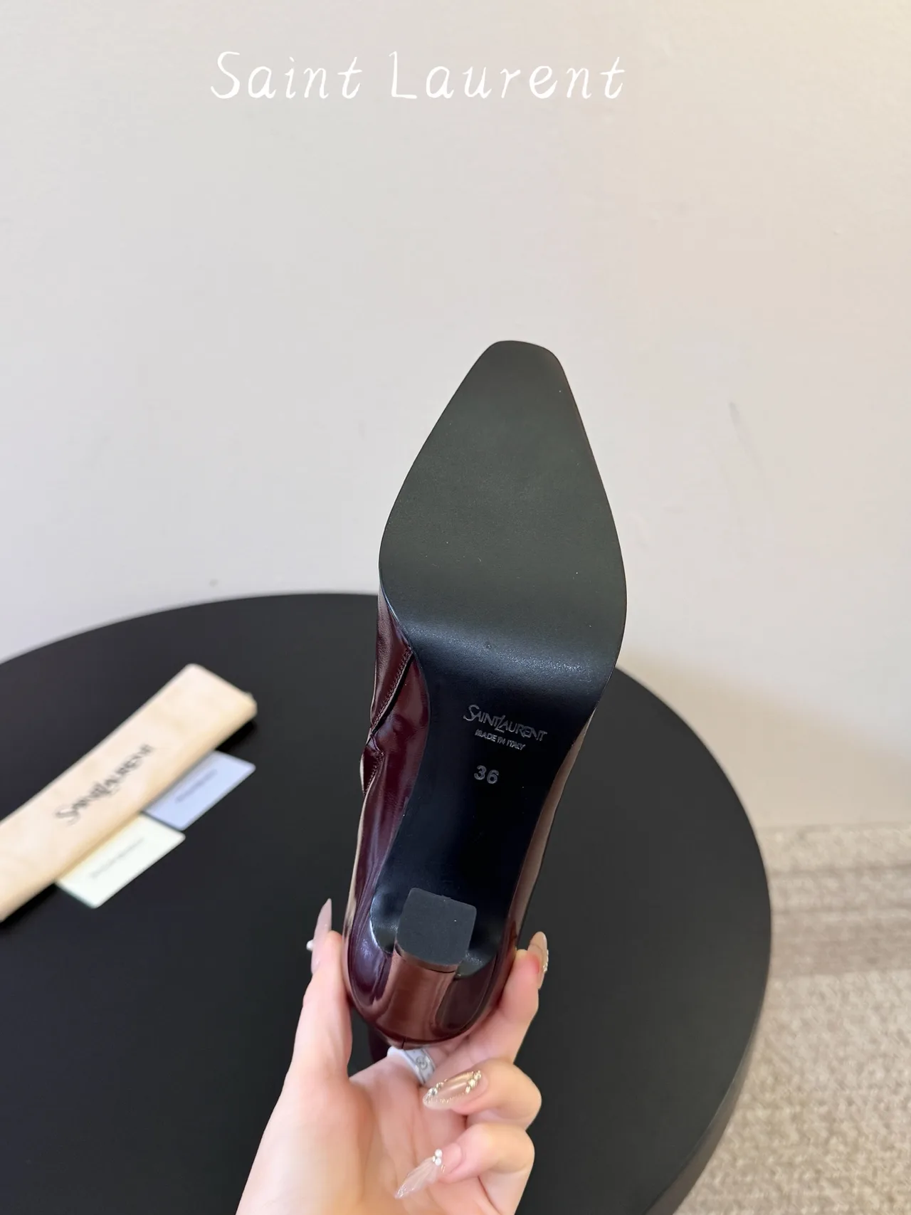 Saint Laurent Glossy Pointed-Toe Ankle Boots in Burgundy · view 6