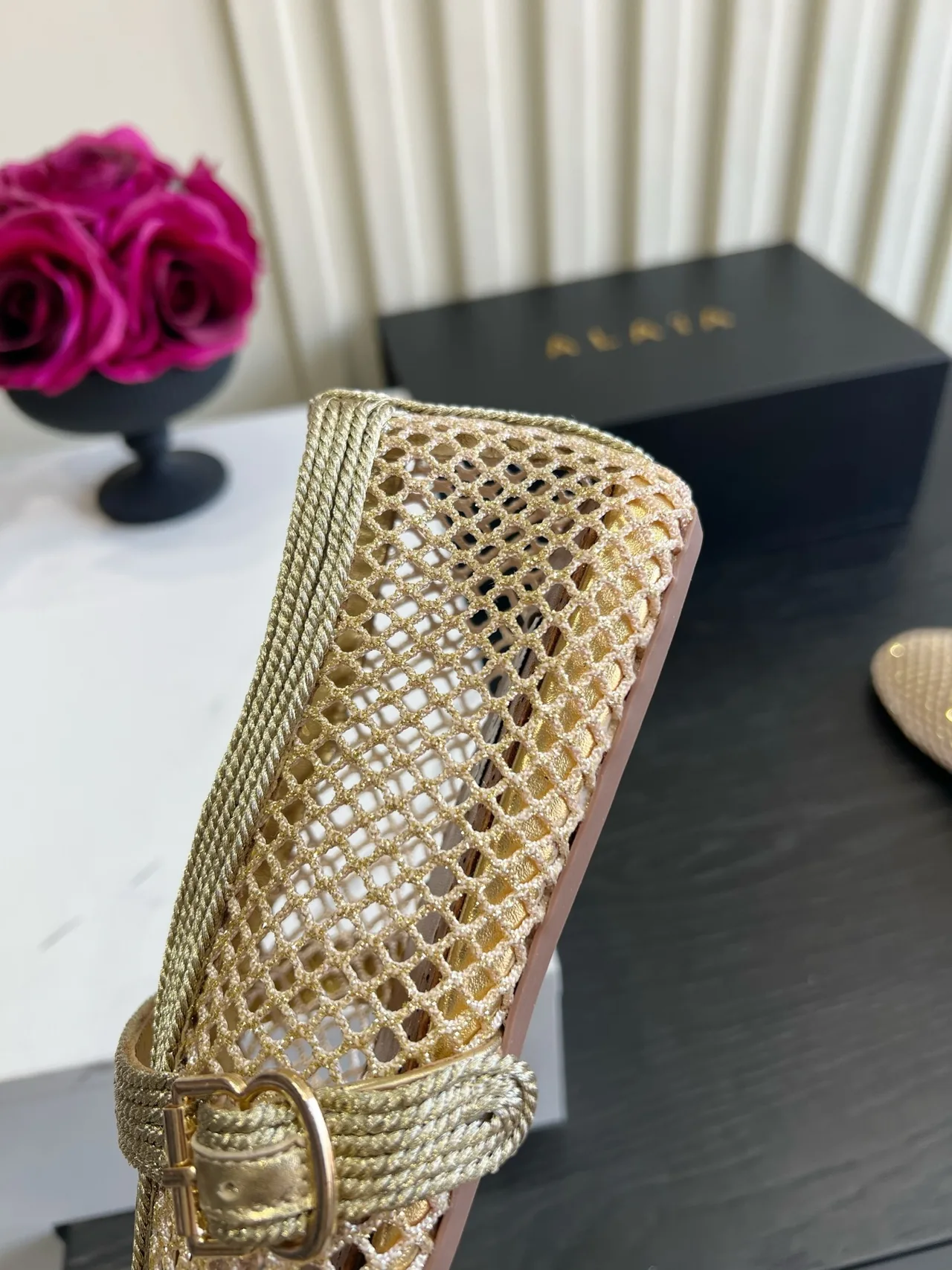 Alaia Sheepskin Mesh Mary Jane Flats in Gold · view 8