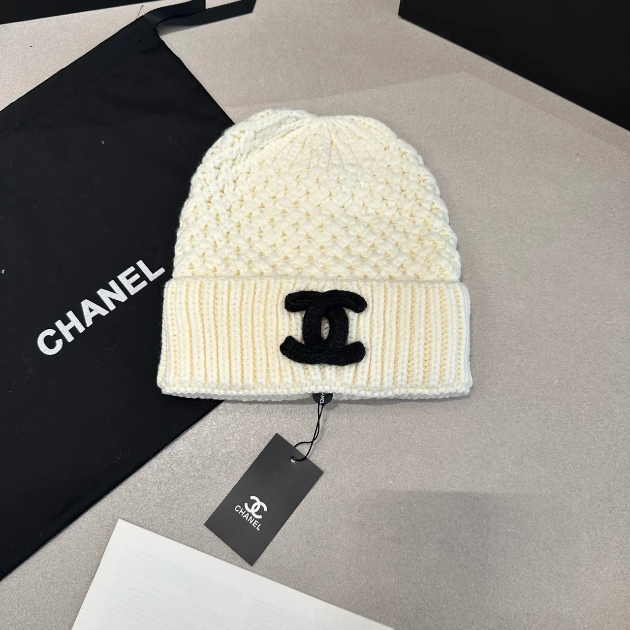 Chanel Knit Beanie in Cream & Black · view 1