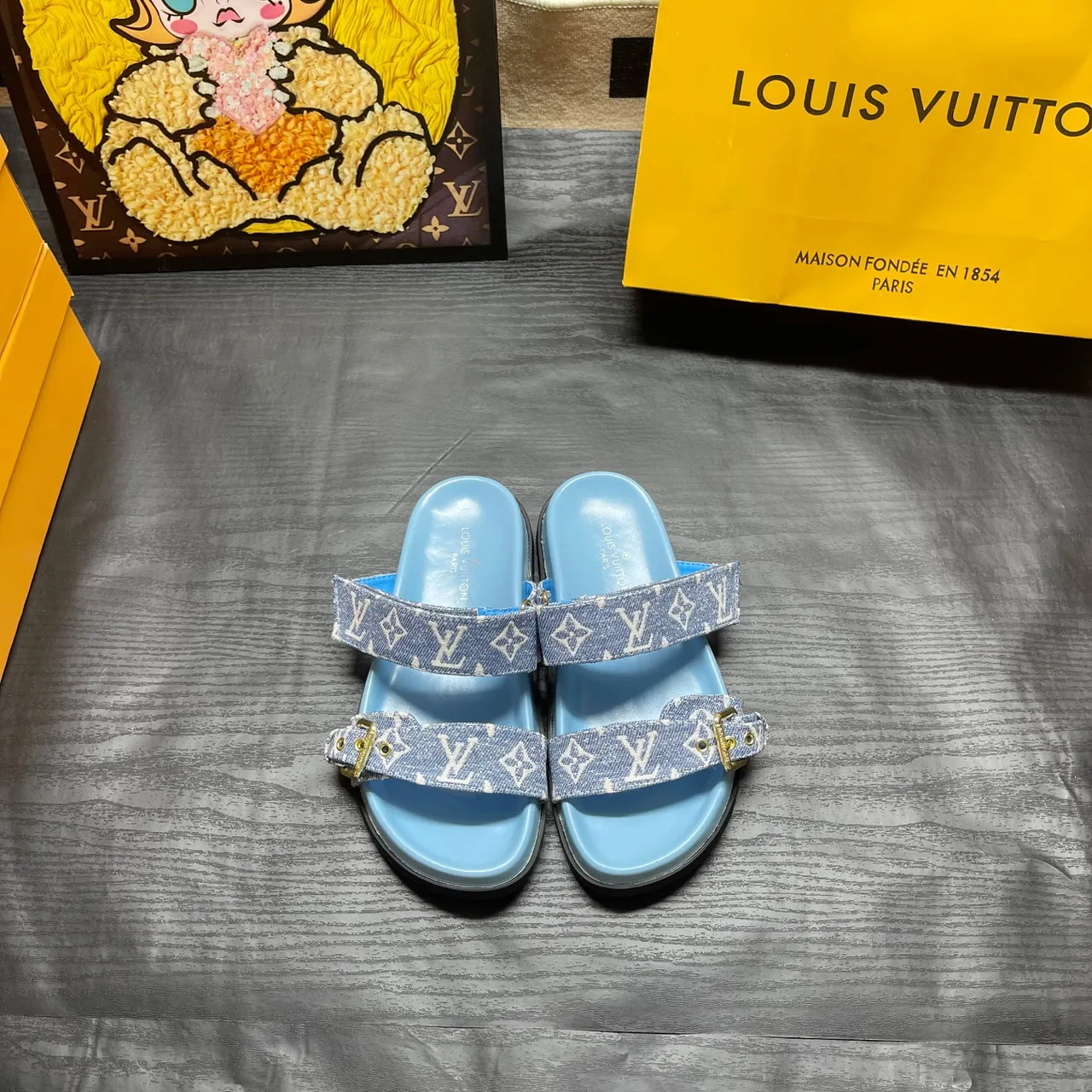 Louis Vuitton Two-Strap Buckle Slides in Black / White / Brown / Blue · view 6