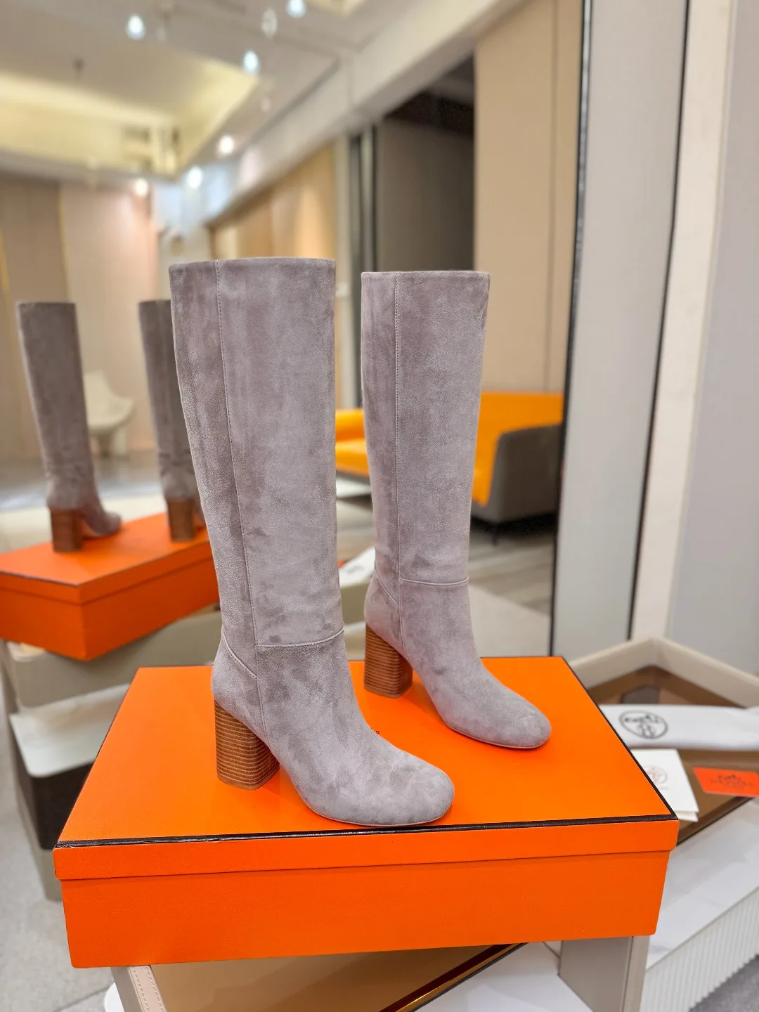 Hermes Cowhide Knee-High Boots in Grey · view 2