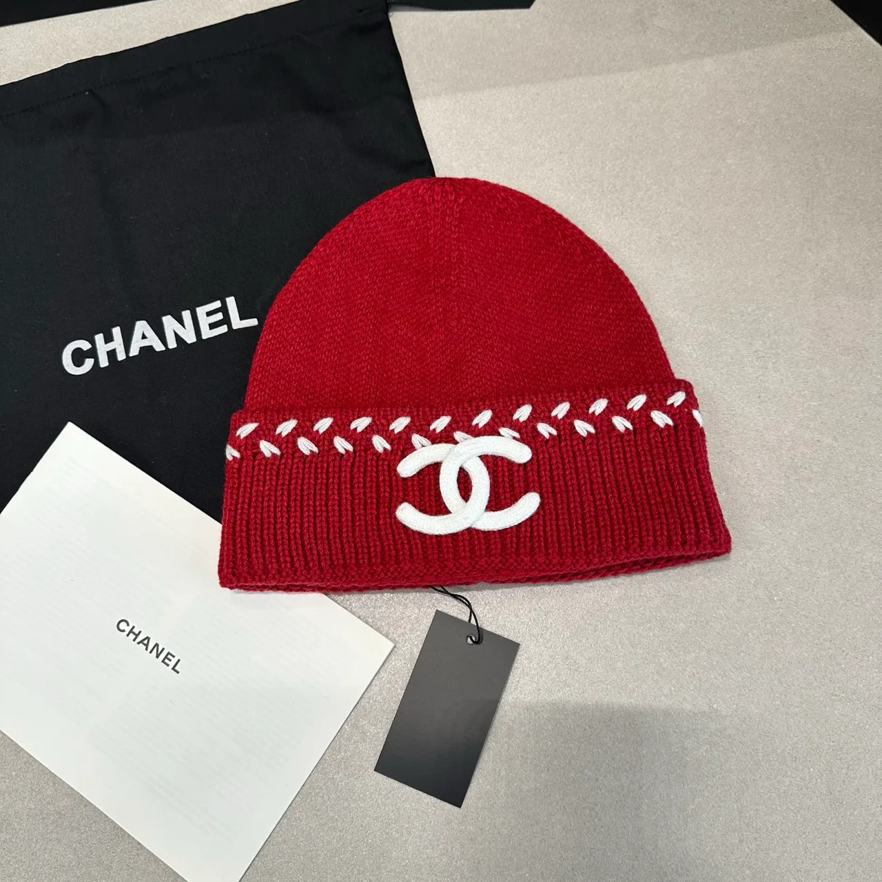 Chanel Beanie in White & Black & Red · view 3
