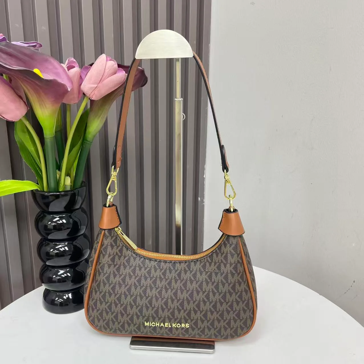 Michael Kors MK Crescent Shoulder Bag in Grey & Brown & White & Beige · view 5