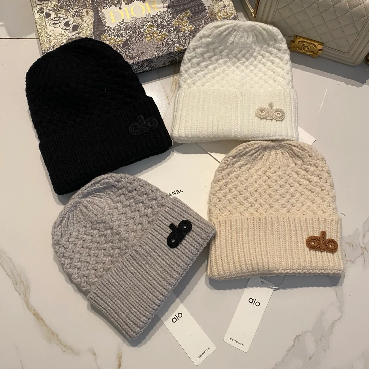Alo Knit Beanie in Black & White & Grey & Beige · view 5