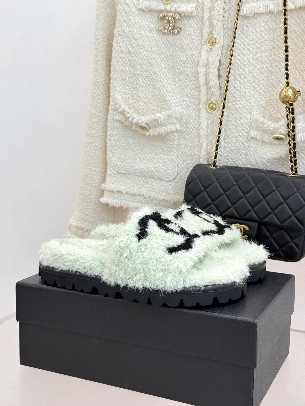 Chanel Denim Slippers in Green · view 1