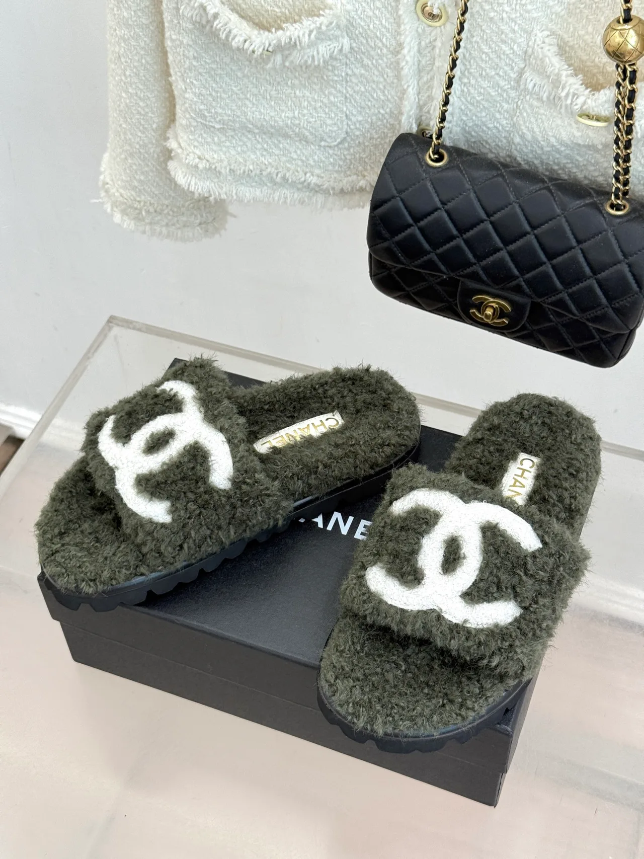 Chanel Denim Slippers in Green · view 2