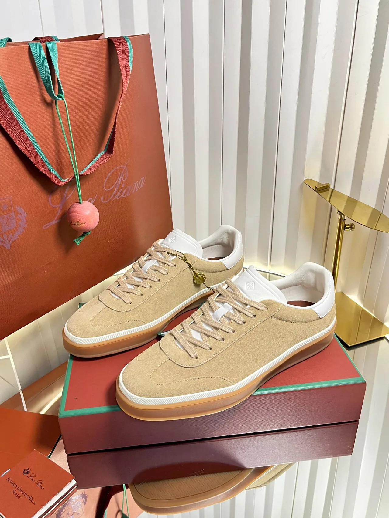 Loro Piana Cashmere Lace-Up Sneakers in Beige · view 2