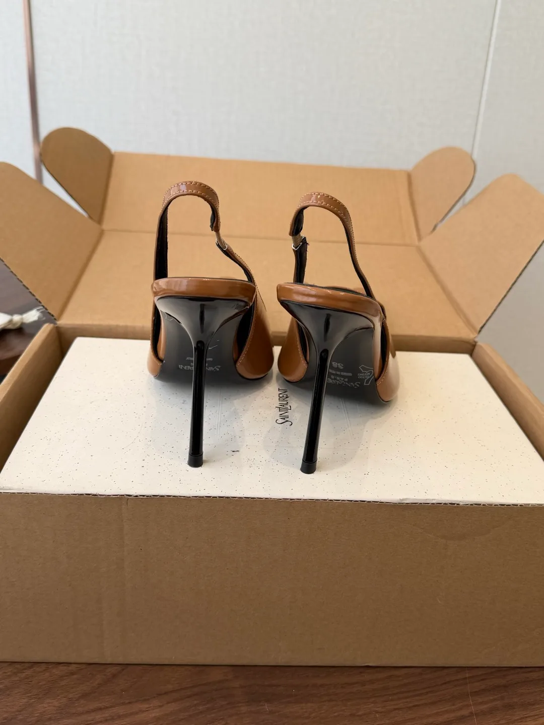 Saint Laurent Cowhide Slingback Heels in Brown · view 8
