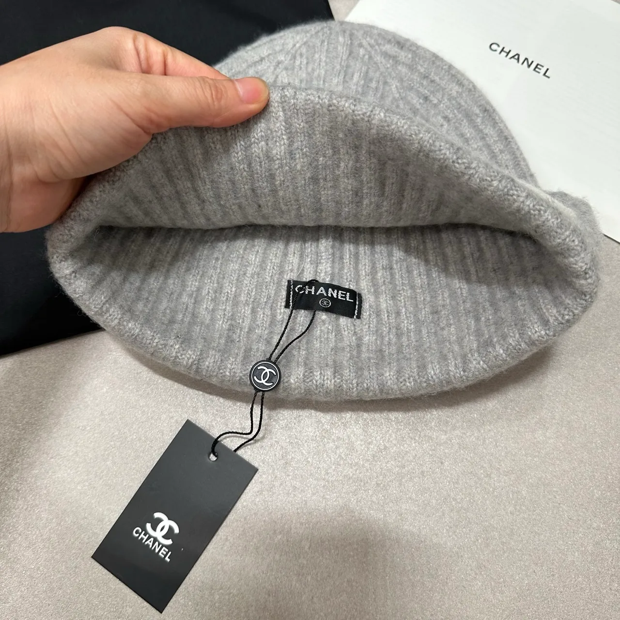 Chanel Knit Beanie in Cream & Black & Blue & Grey · view 5