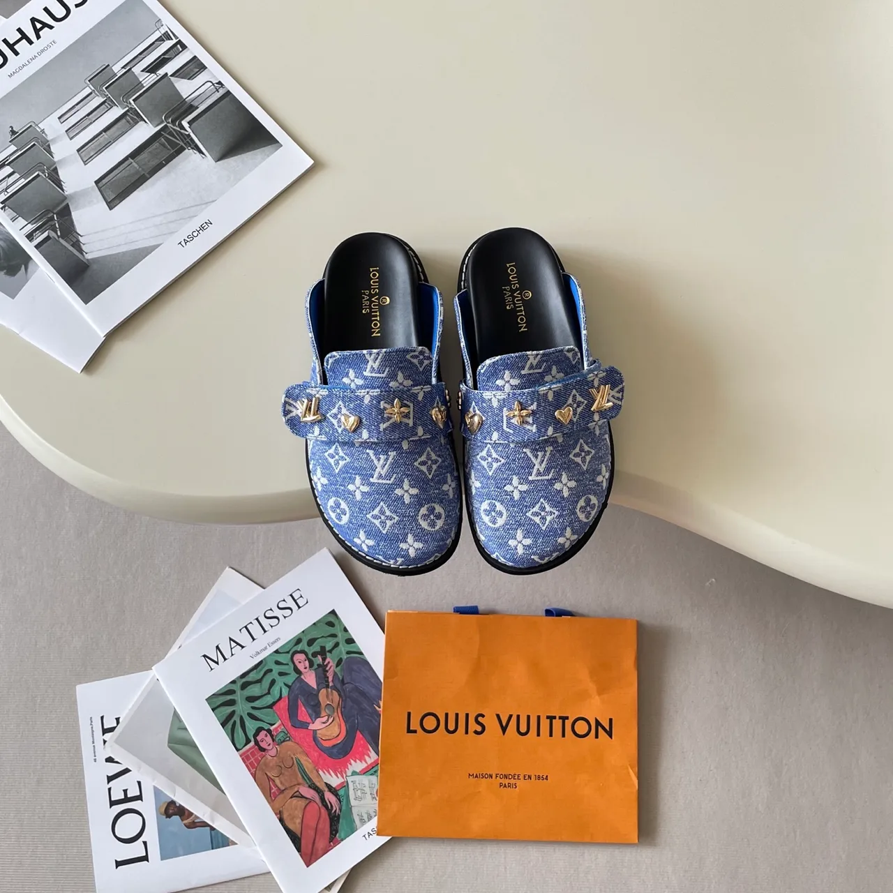 Louis Vuitton Horsebit Mules in Brown / Black / Blue · view 3