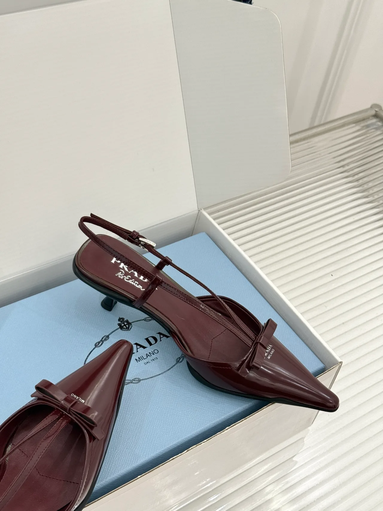 Prada Lambskin Pointed Slingback Pumps in Burgundy · view 5