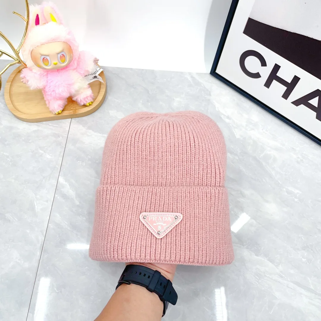 Prada Wool Triangle Logo Knit Beanie in Pink · view 1