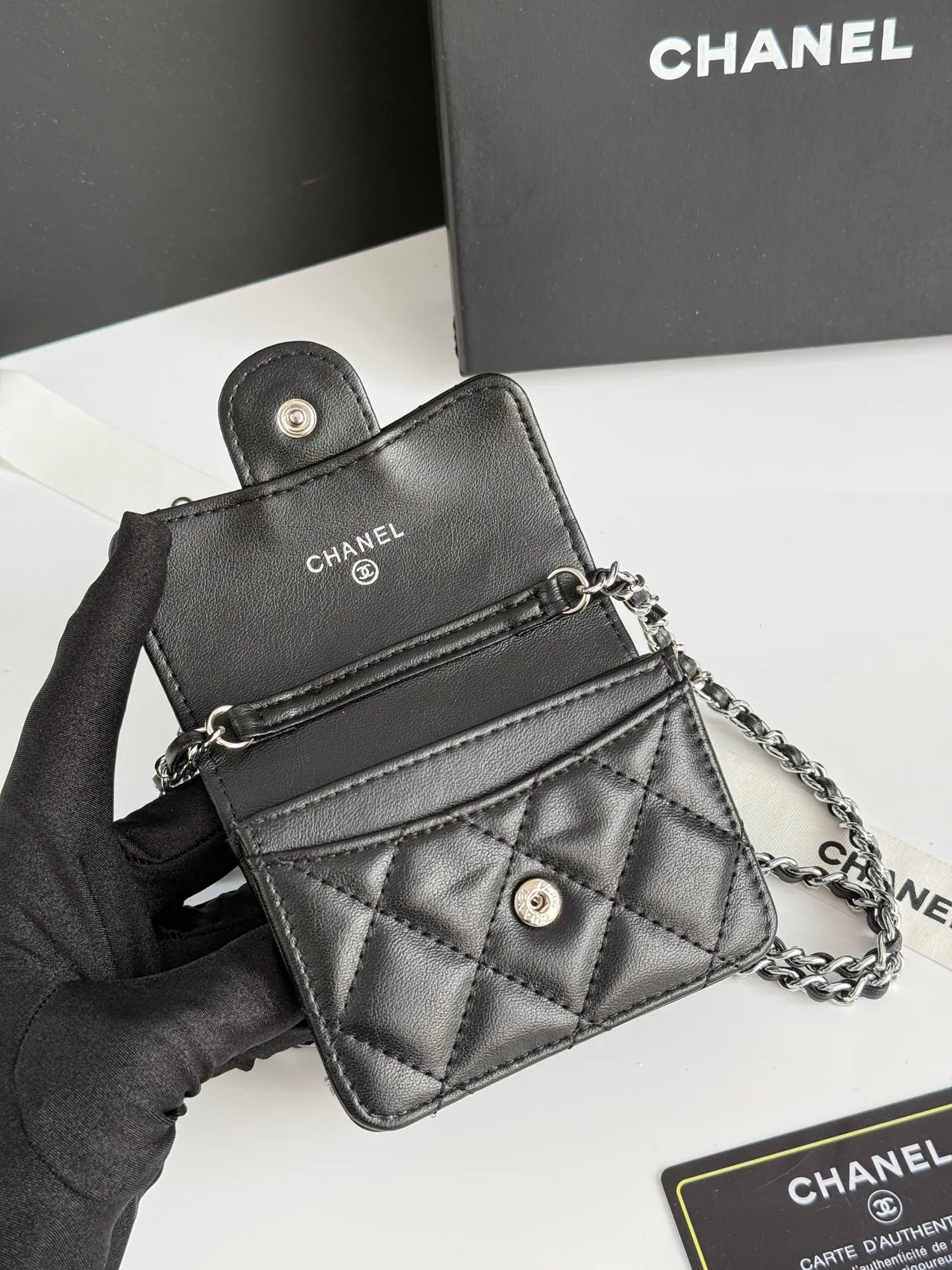 Chanel Glossy Quilted Mini Chain Bag in Black · view 6