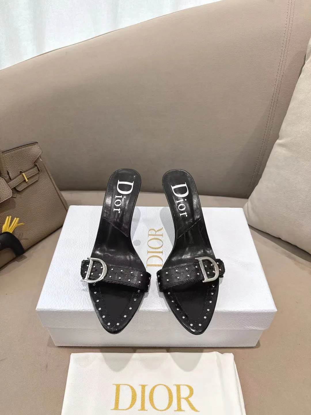 Dior Sheepskin Glossy Pointed-Toe Buckle Mules in Black · view 4