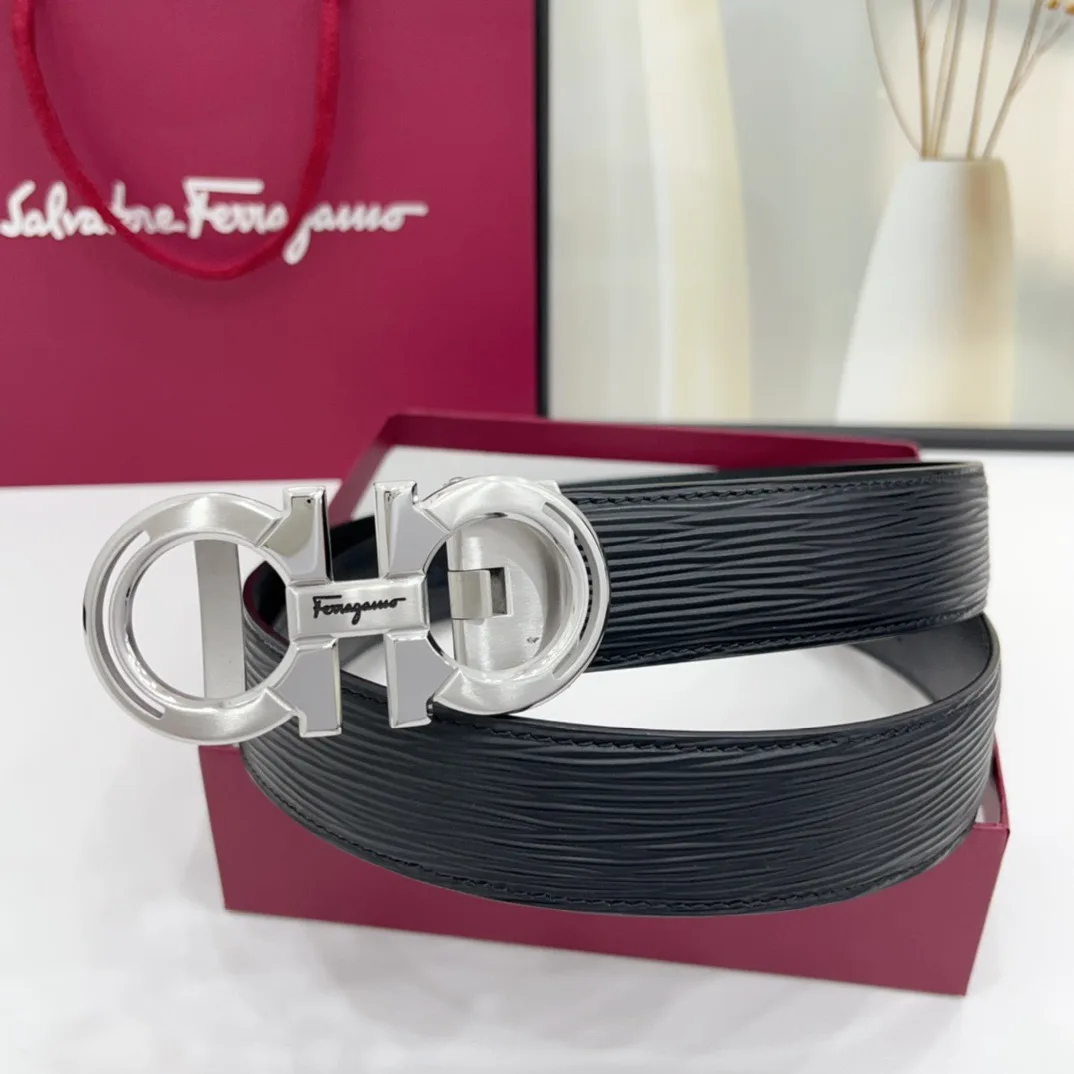 Ferragamo Calfskin Glossy Belt in Black · view 3