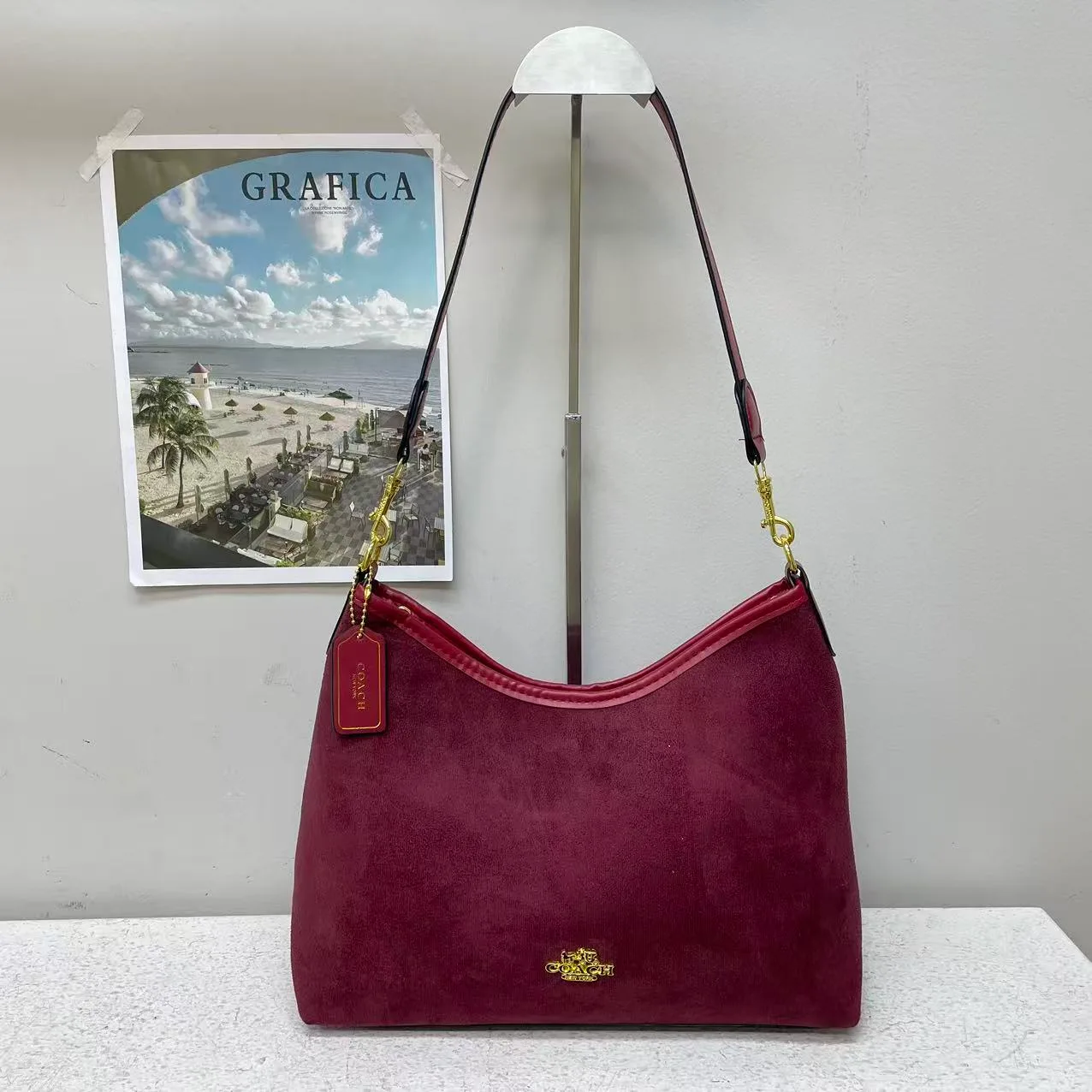 Coach Logo hobo shoulder bag in Burgundy & Brown & Grey & Yellow & Black · view 1