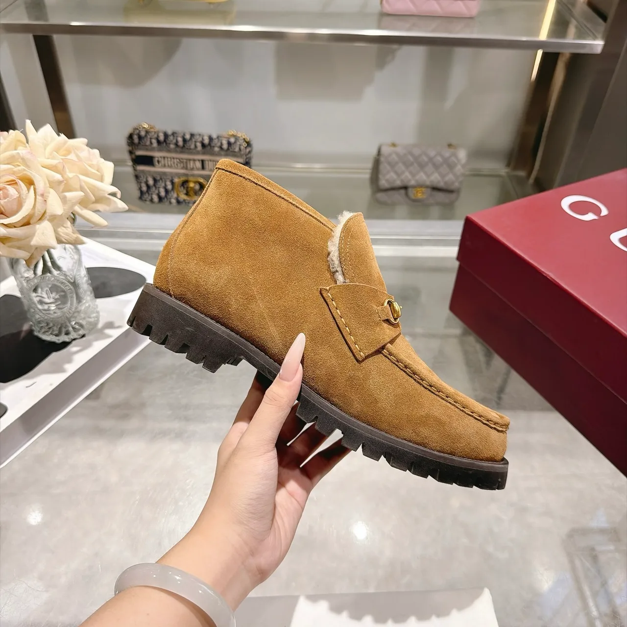 Cowhide Suede-Look Buckle Horsebit Lined Ankle Boots in Brown · view 5