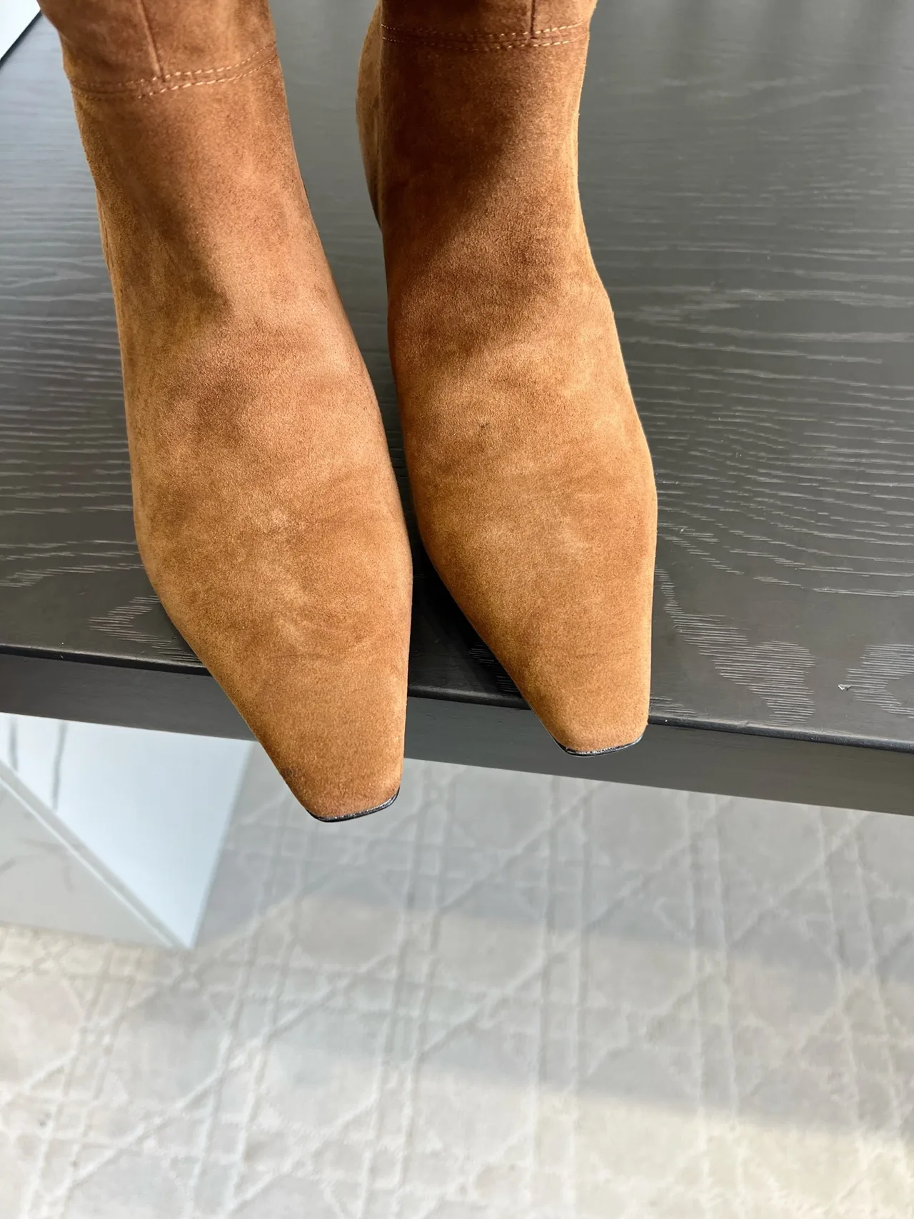 Amina Muaddi Cowhide Glossy Pointed-Toe Knee-High Boots in Tan · view 5
