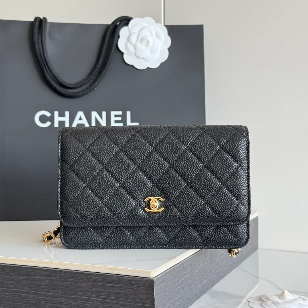 Chanel Calfskin Quilted Chain Wallet in Black · view 2