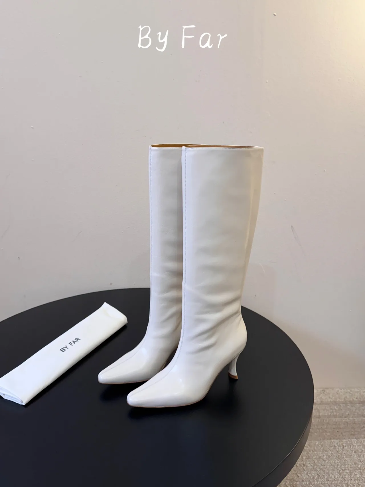 By Far Glossy Pointed-Toe Knee-High Boots in White · view 5