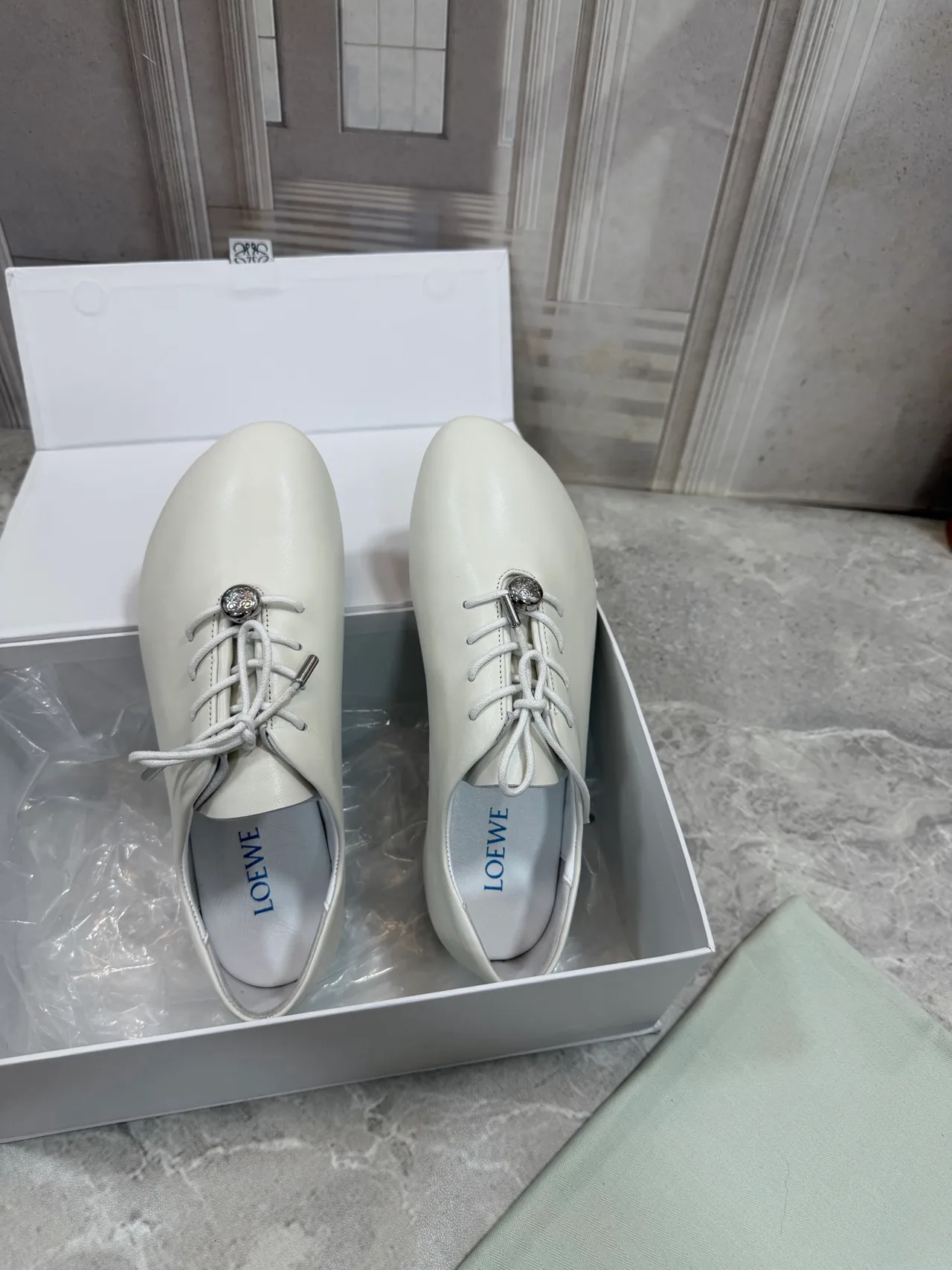 Loewe Sheepskin Round-Toe Lace-Up Shoes in White · view 4