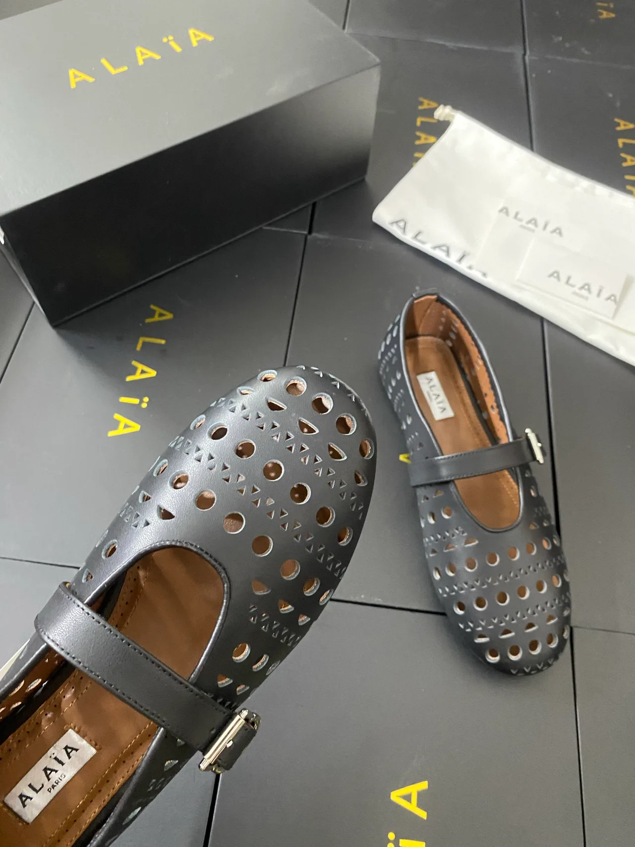 Alaia Cowhide Sheepskin Buckle Studded Mary Jane Flats in Black · view 8