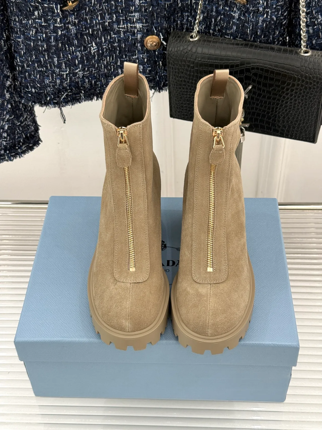 Prada Denim Suede-Look Ankle Boots in Beige · view 3