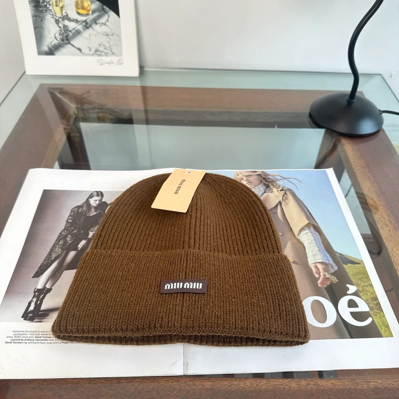 Miu Miu Ribbed Beanie in Brown · view 1