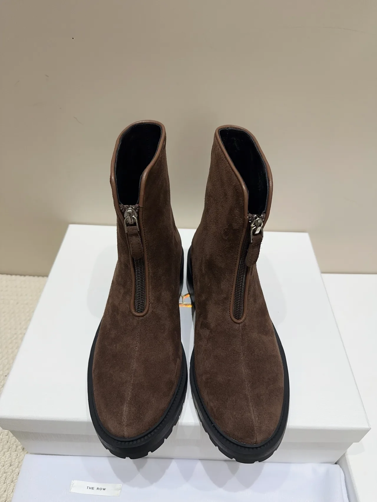 The Row Sheepskin Suede-Look Round-Toe Ankle Boots in Brown · view 1