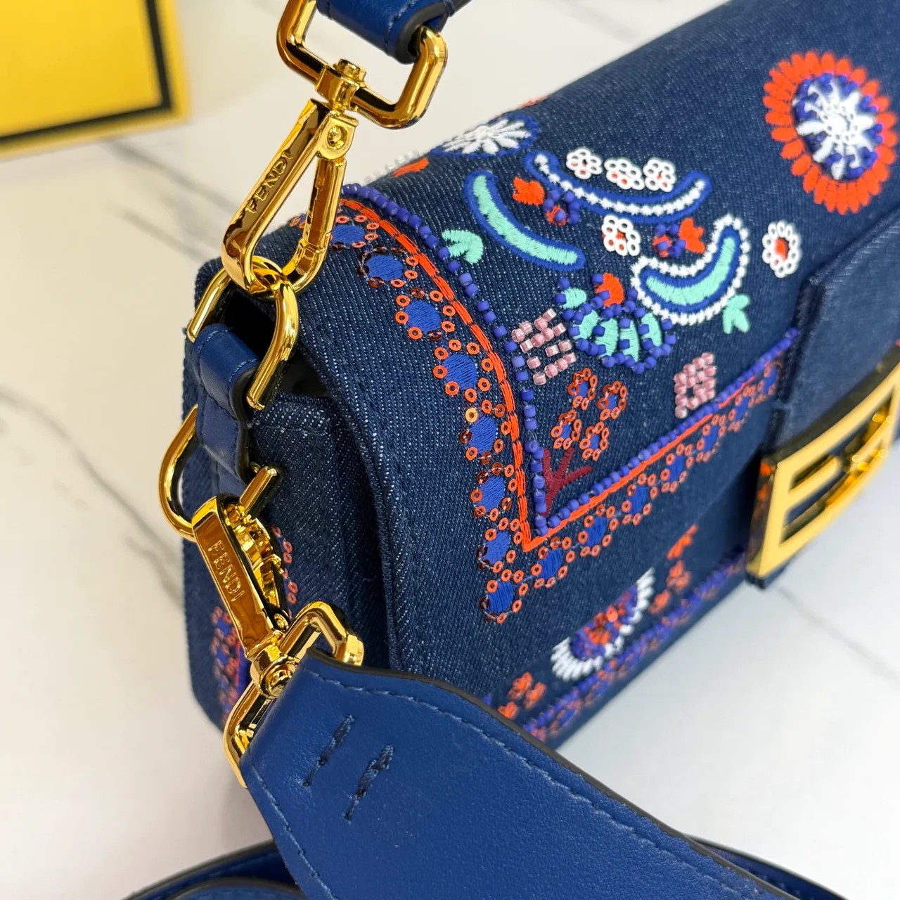 Fendi Baguette Embroidered Floral Flap Shoulder Bag in Blue · view 8