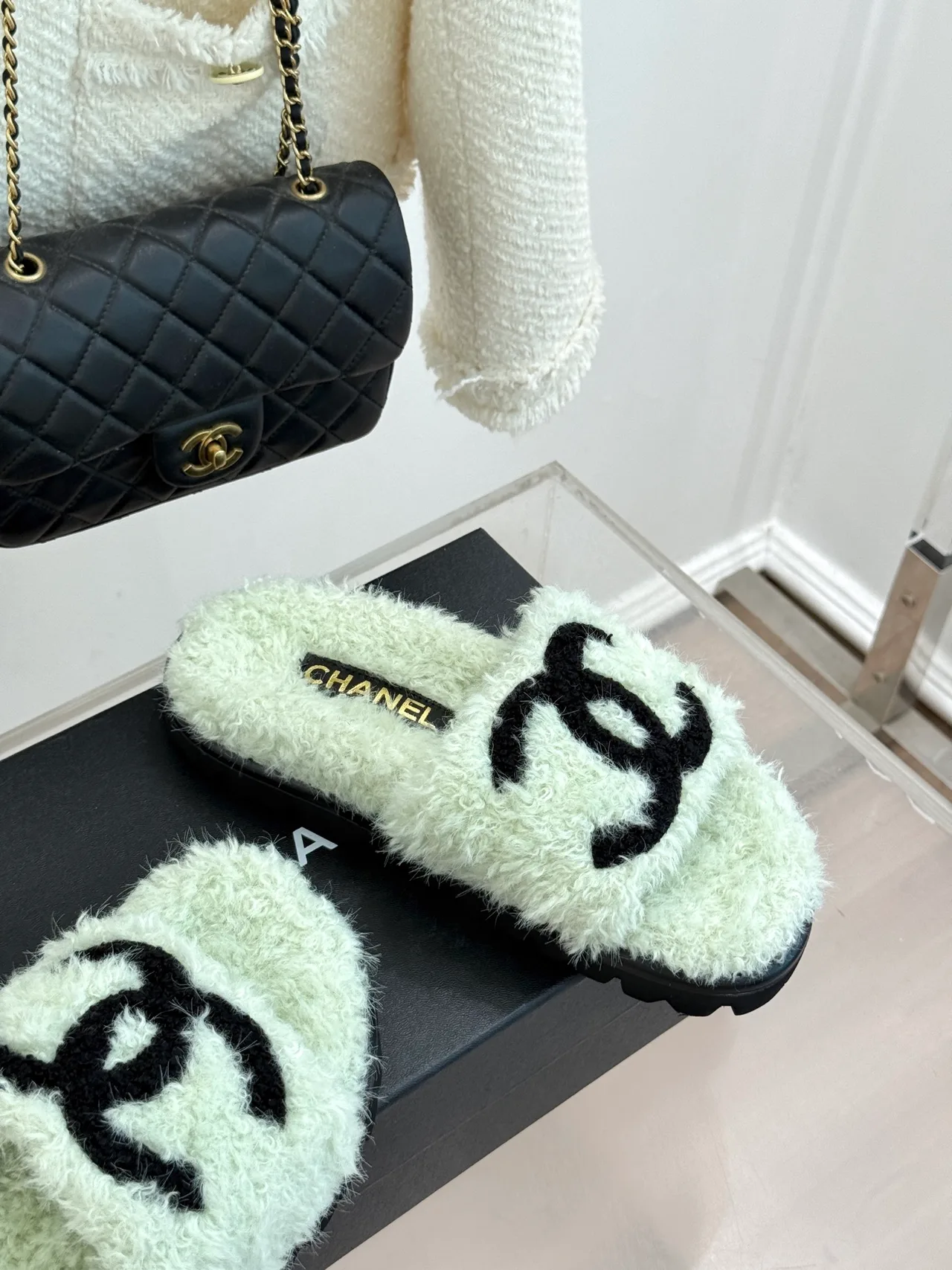 Chanel Denim Slippers in Green · view 5