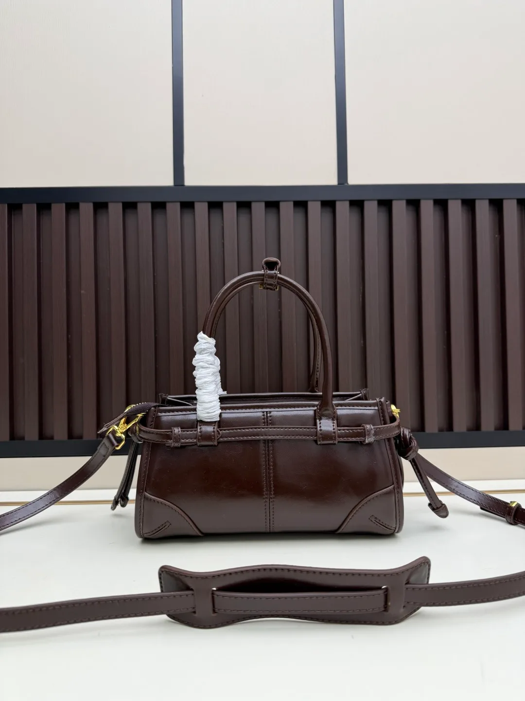 Prada Calfskin Buckle-Detail Structured Top-Handle Bag in Brown · view 3