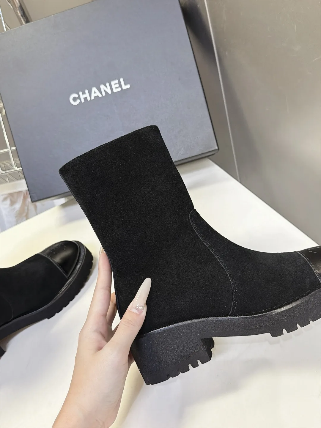 Chanel Cowhide Patent Leather Suede-Look Pointed-Toe Ankle Boots in Black · view 8