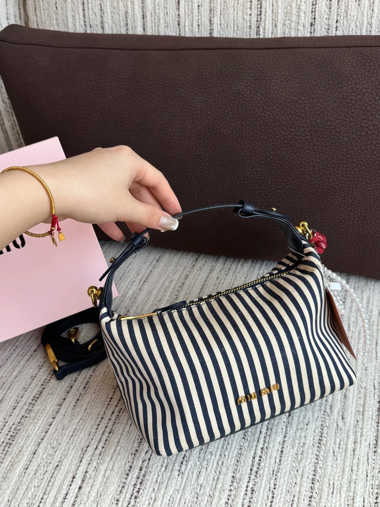 Miu Miu Striped Hobo Bag in White · view 3