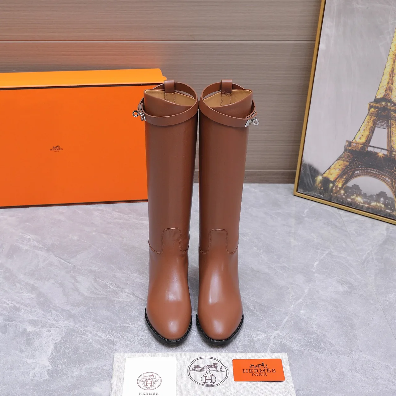 Hermes Cowhide Glossy Buckle Knee-High Boots in Brown · view 3