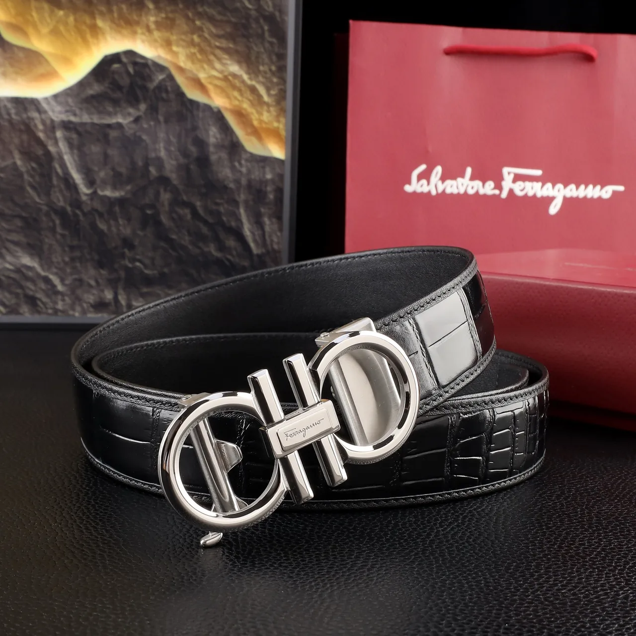 Ferragamo Textured automatic Gancini belt in Black · view 3
